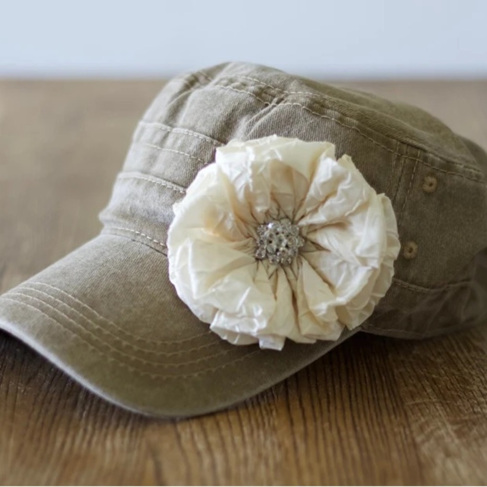 Elegant Tan Hat with Cream Flower Accent